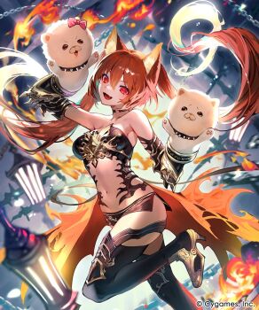 1girl animal_ears bare_shoulders black_choker black_shorts black_thighhighs bow breasts bukurote cerberus_(shingeki_no_bahamut) choker coco_(cygames) commentary_request dog_ears hand_puppet highres large_breasts long_hair looking_at_viewer mimi_(cygames) navel official_art open_mouth pink_bow puppet red_eyes red_hair shadowverse shadowverse:_worlds_beyond shorts side_slit side_slit_shorts smile spiked_choker spikes thighhighs twintails very_long_hair