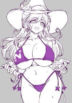 1girl bikini breasts character_request cleavage copyright_request earrings groin hat highres huge_breasts jewelry jyaco long_hair looking_at_viewer navel open_mouth partially_colored pointy_ears simple_background solo swimsuit witch_hat