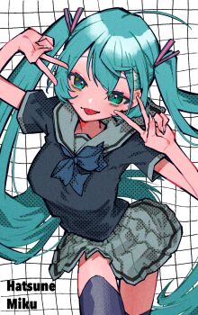 1girl ahoge aqua_eyes aqua_hair black_shirt black_thighhighs blue_bow blue_bowtie bow bowtie breasts character_name cowboy_shot double_v grey_skirt grid_background hair_ornament hands_up hatsune_miku highres long_hair looking_at_viewer open_mouth pleated_skirt sailor_collar school_uniform scripco serafuku shirt short_sleeves skirt smile solo thighhighs twintails v very_long_hair vocaloid white_background zettai_ryouiki