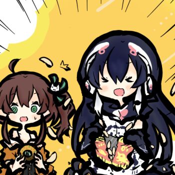 Rule 34 | 2girls, african penguin (kemono friends), black hair, brown hair, chips (food), closed eyes, elbow gloves, food, gloves, green eyes, headphones, hololive, hood, hoodie, kemono friends, kemono friends v project, long hair, microphone, multiple girls, natsuiro matsuri, penguin girl, potato chips, ribbon, shirt, simple background, tanuki kamen, virtual youtuber, yellow background