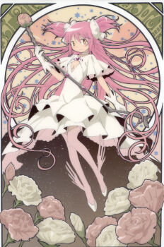 Rule 34 | 1girl, absurdres, art nouveau, bow, bow (weapon), carnation, choker, dress, flower, gloves, hair bow, hair ribbon, highres, holding, holding bow (weapon), holding weapon, incredibly absurdres, kaname madoka, long hair, mahou shoujo madoka magica, non-web source, official art, pink hair, ribbon, scan, self-scan, shoes, smile, solo, thighhighs, twintails, ultimate madoka, very long hair, weapon, white dress, white gloves, winged shoes, wings, yellow eyes
