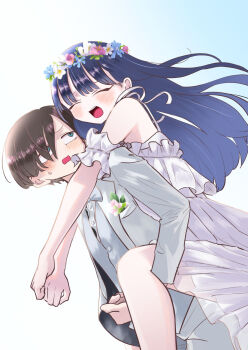 1boy 1girl bare_shoulders black_hair blue_eyes blue_hair blush boku_no_kokoro_no_yabai_yatsu carrying commentary_request dress formal_clothes girl_on_top gradient_background head_wreath hetero highres ichikawa_kyoutarou long_hair long_sleeves looking_at_another m2bou off-shoulder_dress off_shoulder open_mouth piggyback shirt short_hair smile suit white_background white_dress white_shirt white_suit yamada_anna