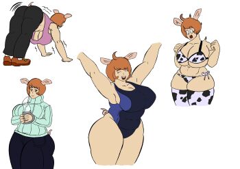 absurdres animal_ears animal_print ass beefmaster breasts brown_eyes brown_hair cow_print elf-san_wa_yaserarenai. highres large_breasts oku_(elf-san_wa_yaserarenai.) one-piece_swimsuit pig_ears pig_tail red_hair smile surprised sweater swimsuit tail thick_thighs thighs white_background yoga