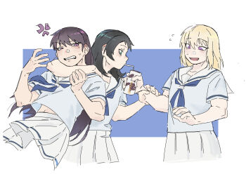 3girls absurdres anger_vein arm_around_neck arm_up bang_dream! bang_dream!_it's_mygo!!!!! black_hair blonde_hair blue_neckerchief clenched_hand drink drinking green_pupils hanasakigawa_school_uniform highres holding holding_another's_wrist holding_drink long_hair looking_at_another looking_down looking_to_the_side misumi_uika mole mole_under_eye multiple_girls neckerchief open_mouth pleated_skirt pulling purple_pupils sailor sailor_collar school_uniform seal_in_somalia shiina_taki skirt smile sweatdrop white_sailor_collar yahata_umiri