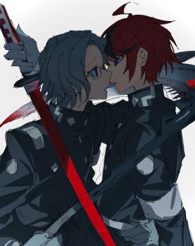 2boys ahoge aotsuki_eito armband black_streaks commentary_request eye_contact eyeshadow gloves grey_hair highres holding holding_weapon imminent_kiss katana last_defense_academy_school_uniform looking_at_another makeup male_focus multiple_boys ngkttwmrvvg parted_lips purple_eyes red_eyeshadow red_hair school_uniform scythe sumino_takumi sword the_hundred_line_-last_defense_academy- upper_body weapon white_armband white_gloves yaoi