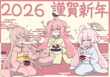 >_< 1boy 2026 2girls :3 =_= ahoge animal_ears artist_logo azumo_momo blue_archive blush borrowed_design bowl chopsticks commentary_request crossed_bangs crossover dated eating flying_sweatdrops food gyaru_slowpoke_(shin_no_tenpii) hair_between_eyes halo heart highres holding holding_bowl holding_chopsticks hoshino_(blue_archive) japanese_clothes kimono logo long_hair long_sleeves look-alike mochi mochi_trail multiple_crossover multiple_girls nengajou new_year nintendo nose_blush obi onii-chan_wa_oshimai! oyama_mahiro personification pink_hair pink_halo pink_kimono poke_ball poke_ball_(basic) pokemon sash seiza sitting squeans trap very_long_hair wavy_mouth white_kimono wide_sleeves xt yellow_kimono