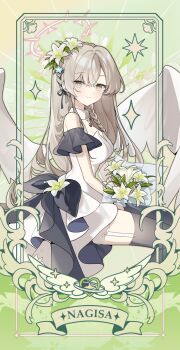 1girl black_thighhighs blue_archive dress feathered_wings flower frilled_dress frills grey_eyes grey_hair halo highres m_cury nagisa_(blue_archive) smile sparkle thighhighs wings