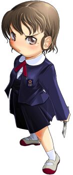 1girl ahoisy blue_dress blue_jacket brown_eyes brown_hair commentary_request dress full_body holding holding_knife jacket knife medium_dress mole mole_under_eye original pleated_dress school_uniform socks solo white_socks