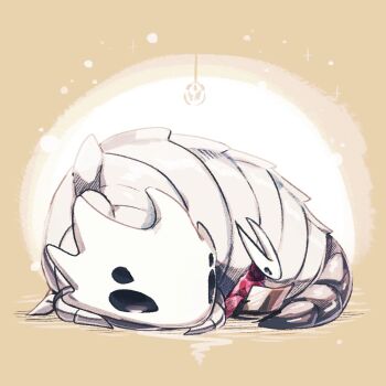 1girl arthropod_girl bell_beast_(hollow_knight) black_skin cloak colored_skin curled_up holding holding_map hollow_eyes hollow_knight hollow_knight:_silksong horned_mask hornet_(hollow_knight) map map_(object) mask ocohc red_cloak simple_background sitting white_mask yellow_background