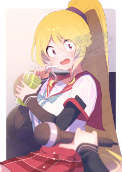 1girl blonde_hair blurry blurry_foreground blush border bow bowtie commentary_request cowboy_shot cup dot_nose drink drinking_glass drinking_straw green_bow green_bowtie hair_between_eyes highres holding holding_cup holding_microphone layered_sleeves long_hair long_sleeves looking_at_viewer magia_record:_mahou_shoujo_madoka_magica_gaiden mahou_shoujo_madoka_magica microphone open_mouth outside_border plaid_clothes plaid_skirt ponytail pov pov_hands red_sailor_collar red_skirt sailor_collar school_uniform serafuku serizawa_serizane shirt short_over_long_sleeves short_sleeves sitting skirt sleeves_past_wrists togame_momoko v-shaped_eyebrows watermark white_border white_shirt wide-eyed