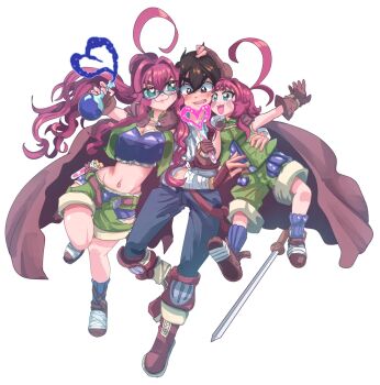 1girl 2girls aijou_rentarou black_hair breasts glasses heart heart-shaped_pupils joriale kimi_no_koto_ga_dai_dai_dai_dai_daisuki_na_100-nin_no_kanojo large_breasts long_hair multiple_girls red_hair short_hair smile symbol-shaped_pupils yakuzen_kusuri yakuzen_kusuri_(older)