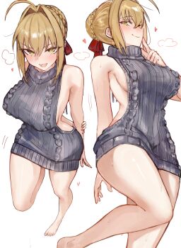 1girl absurdres ahoge backless_outfit bare_shoulders barefoot blonde_hair blush braid breasts closed_mouth dress fate/extra fate_(series) green_eyes grey_sweater hair_bun hair_intakes hair_ribbon highres large_breasts long_hair looking_at_viewer multiple_views nero_claudius_(fate) open_mouth red_ribbon ribbon sideboob smile sweater sweater_dress thighs virgin_killer_sweater yotsutsu428