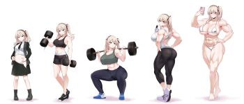 1girl abs absurdres aged_up alternate_breast_size_(larger) alternate_height alternate_muscle_size amogan animal_print ankle_boots arm_at_side arm_up ass back_cutout back_muscles barbell bare_arms bare_legs bare_shoulders barefoot bear_print belly_grab biceps bikini black_footwear black_necktie black_pants black_ribbon black_shorts black_sports_bra blonde_hair blue_footwear blue_panties blush boko_(girls_und_panzer) boots breast_expansion breasts brown_eyes bubble_tea_challenge cellphone cleavage closed_mouth clothing_cutout collarbone commentary commission criss-cross_back-straps crossed_legs cup disposable_cup double-parted_bangs dress_shirt drinking_straw drinking_straw_in_mouth dumbbell emblem english_commentary exercising from_behind full_body girls_und_panzer green_footwear green_jacket green_skirt green_tank_top hair_between_eyes hair_ribbon hand_on_own_hip hand_up hands_on_own_hips hands_up heel_up height_growth highres holding holding_dumbbell holding_phone huge_breasts jacket lace-up_boots large_breasts leggings legs lid light_brown_hair long_hair long_sleeves looking_at_viewer looking_back looking_down looking_to_the_side micro_bikini midriff military military_uniform mixed-language_commentary motion_lines multiple_views muscle_growth muscular muscular_arms muscular_female muscular_legs nape navel necktie object_on_breast one_side_up panties pants parted_lips partially_undressed phone pixiv_commission pleated_skirt print_bikini progression ribbon selection_university_(emblem) selection_university_military_uniform shadow shimada_arisu shiny_skin shirt shoes shorts side_ponytail sideboob simple_background skindentation skirt sleeveless sleeveless_shirt smartphone smile sneakers sports_bra spread_fingers squat_(exercise) squatting standing stomach striped_clothes striped_panties sweat sweatdrop swimsuit tall_female tank_top thighs tiptoes toes toned toned_female underboob underwear watson_cross weight_conscious weightlifting white_background white_bikini white_footwear white_panties white_shirt white_shoes wing_collar yoga_pants