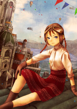 Rule 34 | 1girl, absurdres, aircraft, architecture, aviator cap, blue eyes, blue sky, boots, braid, comiket 90, commentary request, gloves, highres, hot air balloon, hotateyuki, light smile, long hair, looking at viewer, on roof, original, red hair, scenery, sitting, skirt, sky, solo, twin braids