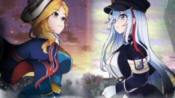 2girls 86_-eightysix- absurdres ascot azur_lane belt blonde_hair blue_capelet blue_eyes blue_jacket blurry blurry_background blush bokeh breasts building capelet city cityscape closed_mouth cloud commentary commission crossover day depth_of_field english_commentary frilled_ascot frills from_side fur-trimmed_jacket fur_trim gloves grey_eyes grey_hair hair_between_eyes hair_over_shoulder hat highres hood_(azur_lane) jacket large_breasts light_frown light_particles long_hair long_sleeves lsheng medium_breasts military military_hat military_jacket military_uniform multiple_girls outdoors pixiv_commission single_hair_streak sky standing tilted_headwear union_jack union_jack_print upper_body vladilena_millize white_belt white_gloves white_hair white_hat