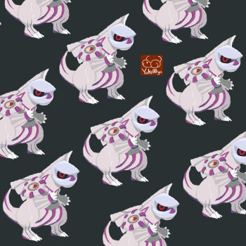 animal_focus artist_logo artist_name black_sclera closed_mouth colored_sclera commentary_request full_body gen_4_pokemon green_background legendary_pokemon logo looking_at_viewer nintendo no_humans palkia patterned pokemon pokemon_(creature) red_eyes simple_background solo standing yuki00yo