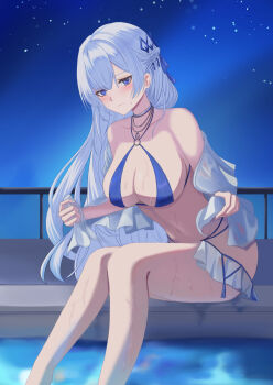 1girl absurdres argus_(azur_lane) argus_(dignified_swimsuit_training)_(azur_lane) azur_lane bikini blue_bikini blue_eyes breasts commentary_request feet_out_of_frame fuyuame5089 highres large_breasts long_hair looking_at_viewer navel night official_alternate_costume outdoors sitting solo swimsuit thong thong_bikini very_long_hair white_hair