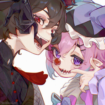 1boy 1girl :d @_@ artist_name black_shirt blue_bow blue_bowtie blue_hair bow bowtie brown_hair buttons character_request clown clown_nose colored_tips commentary commission double-parted_bangs fangs finger_in_own_mouth hair_between_eyes hair_ornament hairclip hand_up hat highres indie_virtual_youtuber jester_cap kako_ashe looking_at_viewer mouth_pull multicolored_hair neck_ruff necklesslee open_mouth parallel_hairclips piercing pink_hair pointy_ears polka_dot polka_dot_bow polka_dot_bowtie portrait purple_eyes red_eyes sharp_teeth shirt short_hair simple_background smile teeth tongue_piercing two-tone_bow two-tone_bowtie virtual_youtuber white_background