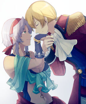 1boy 1girl blonde_hair bracelet breasts cleavage_cutout closed_eyes clothing_cutout coat couple cowboy_shot earrings eiyuu_densetsu epaulettes face-to-face falcom fingerless_gloves gloves green_eyes hairband handkerchief hetero hoop_earrings jewelry kiss kissing_hand long_sleeves medium_breasts midriff navel navel_piercing necklace olivert_reise_arnor parted_bangs piercing ponytail profile sash scherazard_harvey shirt short_hair short_ponytail silver_hair simple_background smile sora_no_kiseki tekutonbo uniform vest white_background