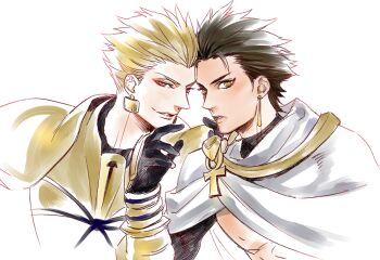 2boys armor black_gloves blonde_hair bracelet breastplate brown_hair cape commentary_request cube_earrings earrings evil_smile eyeshadow fate/grand_order fate/prototype fate/prototype:_fragments_of_blue_and_silver fate_(series) full_armor gauntlets gilgamesh_(fate) gloves gold_bracelet gold_earrings hand_up jewelry lips looking_at_viewer makeup male_focus multiple_boys open_mouth ozymandias_(fate) red_eyes red_eyeshadow short_hair shoulder_armor simple_background smile spiked_hair tan teeth upper_body v-shaped_eyebrows white_background white_cape yellow_armor yellow_eyes yococco