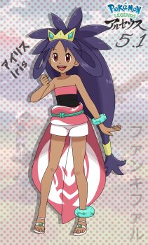 1girl adapted_costume alternate_costume anklet arm_at_side armpit_crease bare_shoulders big_hair bracelet brown_eyes character_name clenched_hand collarbone cosplay crease crown dark-skinned_female dark_skin eyelashes fankifalu feet female_focus flat_chest full_body hair_ornament hand_up happy highres irida_(pokemon)_(cosplay) iris_(pokemon) japanese_clothes japanese_text jewelry knees leaning_forward legs long_hair looking_at_viewer low-tied_long_hair neck nintendo no_bra obi open_hand open_mouth parted_bangs pokemon pokemon_bw2 pokemon_legends:_arceus purple_hair sandals sash scan shirt short_shorts shorts sidelocks_tied_back standing strapless strapless_shirt thighs toenails toes very_long_hair vest