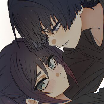 1boy 1girl alternate_costume aqua_eyes asymmetrical_bangs averting_eyes black_hair black_shirt black_sleeves blunt_ends blush boy_on_top bright_pupils casual choppy_bangs closed_mouth colored_inner_hair contemporary couple embarrassed furrowed_brow genshin_impact gradient_hair grey_eyes grey_hair hair_between_eyes hair_pulled_back half-closed_eyes hetero highres looking_at_another mona_(genshin_impact) multicolored_hair naughty_face open_mouth parted_bangs pink_hair scaramouche_(genshin_impact) shirt short_eyebrows sidelocks sideways_mouth tsurime white_background white_mouth white_pupils ysnden