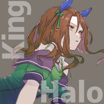 Rule 34 | 1girl, animal ears, bow, brown hair, buttons, character name, commentary request, double-breasted, dress, ear bow, ear covers, from side, green bow, green dress, grey background, highres, horse ears, horse girl, kadokura (sushiu max), king halo (king of emeralds) (umamusume), king halo (umamusume), leaning forward, looking ahead, medium hair, off-shoulder dress, off shoulder, one side up, orange eyes, parted lips, short sleeves, side part, simple background, solo, umamusume, upper body