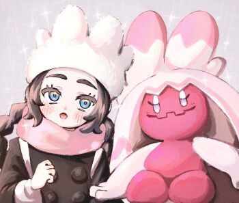 2girls ansha_(pokemon) black_hair blue_eyes child closed_mouth colored_skin commentary_request eyelashes hat highres multiple_girls nintendo pink_scarf pink_skin pokemon pokemon_(creature) pokemon_legends:_z-a scarf sitting smile thick_eyebrows tinkaton tori_(torisan_pokemon) white_hat