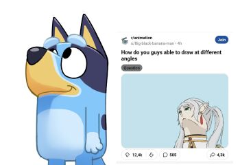 1girl bluey bluey_heeler costa_daniel_kassab earrings furry furry_female highres jewelry light_smile long_pointy_ears looking_up meme official_artist_extra pointy_ears sousou_no_frieren teardrop_earrings three-toned_fur toon_(style) upward_angle_frieren_drawing_(meme)
