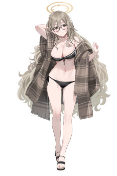 1girl akane_(blue_archive) arm_behind_head bikini black-framed_eyewear black_bikini blue_archive blush breasts brown_eyes brown_hair cleavage glasses hair_between_eyes halo koisuke large_breasts long_hair plaid_clothes plaid_shawl sandals shawl side-tie_bikini_bottom smile solo standing swimsuit wavy_hair white_background
