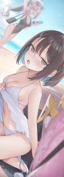 2girls absurdres bag bare_shoulders beach bikini black_hair black_one-piece_swimsuit blue_hair blue_sky blush breasts brown_eyes brown_hair cleavage closed_eyes collarbone colored_inner_hair comiket_106 commentary_request covered_navel eyewear_on_head flip-flops highres large_breasts long_hair looking_at_viewer multicolored_hair multiple_girls navel ocean okishiro_momoka_(shin_no_tenpii) one-piece_swimsuit open_mouth original pink_hair sandals shin_no_tenpii short_hair shoulder_bag sky smile stomach sunglasses swimsuit two-tone_hair water white_bikini