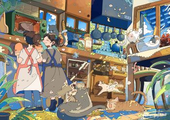 2girls apron blue_apron blue_pants blue_sky blue_socks bowl brown_cat brown_dress brown_hair calico_(pattern) calico_cat cat chair child closed_mouth commentary drawer dress food fruit frying_pan grey_cat hair_bobbles hair_ornament highres indoors jar kitchen medium_hair microwave mixing_bowl multiple_girls nara_lalana open_drawer original oven_mitts pants pink_apron plant ponytail potted_plant signature sky slice_of_life socks standing stove strawberry table teapot tiptoes white_dress window