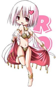 1girl 2000s_(style) anklet bikini blush_stickers bracelet breasts chibi chibi_only cleavage commentary_request copyright_name dancer dancer_(ragnarok_online) full_body gold hair_ornament heart heart_hair_ornament jewelry looking_at_viewer medium_breasts navel neck_ring open_mouth pink_hair ragnarok_online red_eyes red_skirt sequins shawl short_hair showgirl_skirt simple_background single_blush_sticker skirt smile solo standing standing_on_one_leg swimsuit tako_(all_delete) white_background yellow_bikini