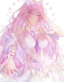 1girl a_r_i_a absurdres artist_name bare_shoulders breasts commentary_request cyrene_(honkai:_star_rail) cyrene_(ripples_of_past_reverie)_(honkai:_star_rail) dress flower hair_flower hair_ornament highres honkai:_star_rail honkai_(series) large_breasts long_hair pink_hair pointy_ears purple_eyes reaching reaching_towards_viewer smile very_long_hair white_background white_dress