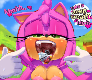 2girls amy_rose animal_ears animal_nose arm_wrap black_gloves black_pants breasts cleavage dripping fangs furry furry_female gloves green_eyes grey_fur hairband half-closed_eyes headband heart hedgehog_girl highres large_breasts lemur_ears lemur_girl lemur_tail long_eyelashes looking_at_viewer mini_person minigirl multiple_girls naughty_face nipples open_mouth pants partially_visible_nipples pink_fur pink_hair purple_eyes red_hairband red_headband saliva size_difference smile sonic_(series) sonic_the_hedgehog_(idw) speech_bubble sweat tail tangle_the_lemur teeth the_boogie tongue tongue_out topless_female uvula vore white_fur white_gloves you_gonna_get_eaten