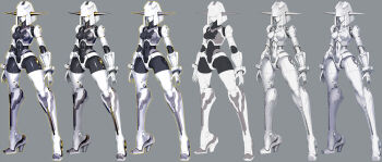 1girl blunt_bangs breasts commentary flat_color full_body grey_background high_heels highres humanoid_robot joints making-of mecha_musume medium_breasts momo_(optune) monochrome multiple_views munya_(otikamohe) nipples outline progression robot robot_girl robot_joints sketch solo standing thighhighs white_hair white_thighhighs wrist_cuffs yellow_eyes yellow_outline