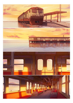absurdres evening highres no_humans omorphia sea_train sky train train_interior train_station_platform water yellow_sky