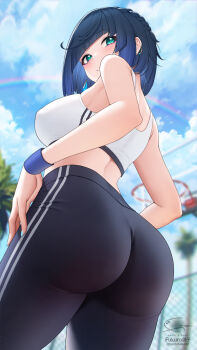 1girl alternate_costume ass ass_focus bare_shoulders basketball_court basketball_hoop blue_hair breasts cloud diagonal_bangs from_behind from_below fukuro_daizi genshin_impact green_eyes highres huge_ass large_breasts leggings looking_back palm_tree pants rainbow shiny_skin short_hair sideboob solo sports_bra sportswear striped_leggings sweatband tight_clothes tight_pants tree yelan_(genshin_impact)