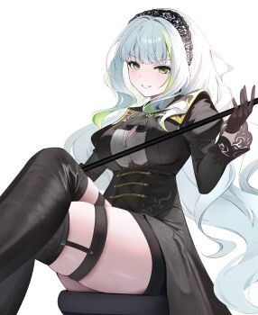 1girl ascot azipou black_ascot black_dress black_gloves black_hairband black_thighhighs breasts brooch buttons cane cleavage crossed_legs dress fine_fabric_emphasis firenze_(stella_sora) gloves green_eyes green_hair grey_hair grin hair_intakes hairband head_tilt highres holding holding_cane jewelry juliet_sleeves lace-trimmed_sleeves lace_hairband lace_trim large_breasts long_sleeves looking_at_viewer multicolored_hair on_stool partially_unbuttoned puffy_sleeves simple_background sitting smile solo stella_sora stool streaked_hair thick_thighs thigh_strap thighhighs thighs two-tone_hair wavy_hair white_background