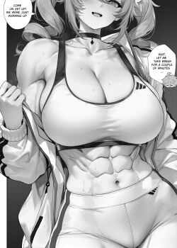 Rule 34 | 1girl, abs, aether (genshin impact), barbara (genshin impact), black choker, breasts, choker, cowboy shot, genshin impact, greyscale, highres, jacket, large breasts, looking at viewer, monochrome, re0n, smile, solo focus, speech bubble, sports bra, sweat, toned, toned female, twintails, veins, veiny arms