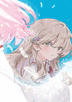 amaori_renako brown_hair feathers flower_hairpin highres long_hair minakata_sunao pink_hair ribbon school_uniform sena_ajisai short_hair sky watashi_ga_koibito_ni_nareru_wake_naijan_murimuri!