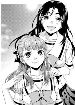 2girls :d aged_down alternate_hairstyle blunt_bangs blush bow breasts chest_bow chuo_tanegashima_high_school_uniform collarbone greyscale hair_bow ikuhashi_muiko irei_mizuka large_breasts lips long_hair looking_at_viewer medium_breasts monochrome multiple_girls open_mouth pleated_skirt ribbon robotics;notes school_uniform science_adventure senomiya_misaki shiny_eyes shirt short_sleeves skirt smile upper_body