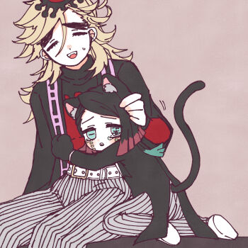 2boys :d :o absurdres age_difference aged_down animal_ear_fluff animal_ears animal_hands aqua_eyes arm_support asymmetrical_bangs belt black_hair black_jacket black_shirt black_tail blonde_hair blush brown_background cat_boy cat_ears cat_tail closed_eyes coattails colored_tips commentary_request demon_boy douma_(kimetsu_no_yaiba) enmu_(kimetsu_no_yaiba) facial_mark fangs full_body furrowed_brow grey_pants hair_between_eyes hand_on_another's_head highres hug hug_from_side jacket kemonomimi_mode kimetsu_no_yaiba kneeling long_hair long_hair_between_eyes long_sleeves male_focus motion_lines multicolored_hair multiple_boys naka_(6tc3y) open_mouth pants pinstripe_pants pinstripe_pattern shirt shoes simple_background sitting size_difference small_sweatdrop smile stole symbol-shaped_pupils tail tailcoat tearing_up tears_facial_mark teeth thick_eyebrows trap turtleneck upper_teeth_only white_belt white_shoes yaoi