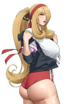 1girl absurdres ass blonde_hair breasts buruma commentary_request cowboy_shot curvy cynthia_(pokemon) gym_uniform hair_over_one_eye headband highres large_breasts long_hair looking_at_viewer mature_female nintendo pokemon pokemon_dppt red_buruma red_headband red_lips shirt solo very_long_hair wasabishouyu white_background white_shirt