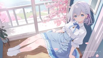 1girl blue_eyes blue_skirt blush branch breasts center_frills cherry_blossoms closed_mouth collared_shirt commentary_request commission copyright_request day flower frilled_socks frills grey_hair hair_between_eyes highres indoors medium_breasts no_shoes on_floor petals pink_flower puffy_short_sleeves puffy_sleeves shirt short_sleeves sitting skeb_commission skirt smile socks solo twitter_username virtual_youtuber water white_shirt white_socks wooden_floor yoshino_ryou