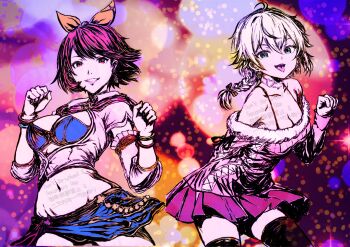 2girls absurdres blonde_hair blue_bra blue_eyes blue_skirt bra brown_eyes brown_hair cat_(saga) cosplay costume_switch dress highres midriff multiple_girls oeilvert_fft persona persona_3 pink_dress pink_skirt romancing_saga_2 saga skirt takeba_yukari underwear vagabond_(romancing_saga_2)