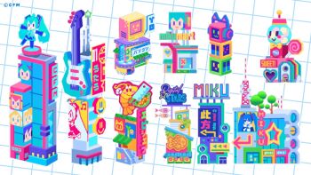 3d blockbench_(medium) building colorful commentary digital_stars english_commentary figure fish grid_background guitar hatsune_miku heisei_retro instrument kagamine_len kagamine_rin kaito_(vocaloid) low_poly megurine_luka no_humans object_focus official_art radiant_revival_(vocaloid) shrimp sign smiley_face star_(symbol) television violet_(violxiv) vocaloid