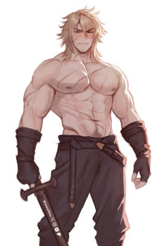 1boy belt black_belt black_gloves black_pants blonde_hair blue_eyes collarbone commentary english_commentary feet_out_of_frame fingerless_gloves genshin_impact gloves grin groin highres holding holding_sword holding_weapon innaillus male_focus medium_hair muscular muscular_male navel_hair nipples pants parted_bangs pectorals raised_eyebrow scar scar_on_chest simple_background smile solo standing sword teeth topless_male varka_(genshin_impact) weapon white_background