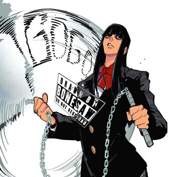 Rule 34 | 1girl, absurdres, black hair, black jacket, blunt bangs, bonesaw (rdkshinku), bow, bowtie, highres, holding, holding weapon, jacket, kill bill, long hair, looking to the side, parted lips, red bow, red bowtie, simple background, solo, upper body, weapon, white background, yuubari gogo