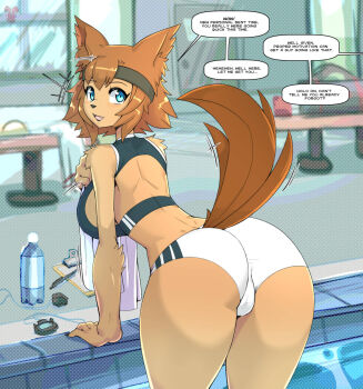 +++ 1girl animal_ears ass back backless_outfit bag bench black_headband black_nails black_sports_bra blue_eyes blurry blurry_background blush bottle breasts brown_hair clipboard commentary cowboy_shot dog_ears dog_girl dog_tail door duffel_bag english_commentary english_text fangs fingernails from_behind furry furry_female headband highres indoors large_breasts looking_at_viewer looking_back monster_musume_no_iru_nichijou open_mouth pen polt pool poolside roadiesky short_hair short_shorts shorts sideboob smile solo sports_bra tail variant_set water_bottle white_shorts window